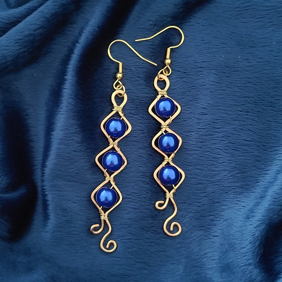 Earrings - Blue Beads Wrapped in Brass - Picture 2 of 4